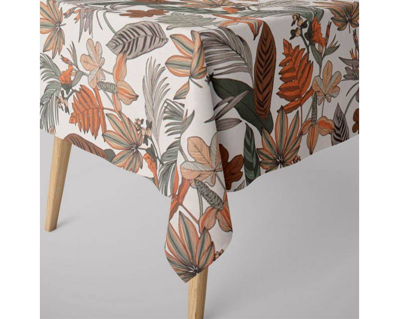 SCHÖNER LEBEN. Tischdecke SCHÖNER LEBEN. Tischdecke Retro Blätter Blumen wollweiß orange braun, handmade von SCHÖNER LEBEN.