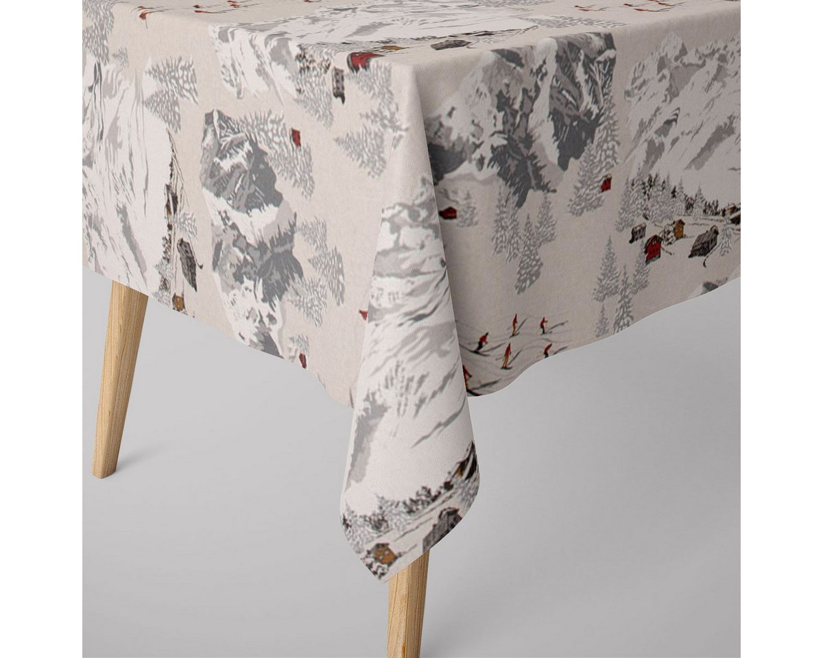 SCHÖNER LEBEN. Tischdecke SCHÖNER LEBEN. Tischdecke Skifahrer Winterlandschaft natur grau, handmade SCHÖNER LEBEN. Tischdecke SCHÖNER LEBEN. Tischdecke Skifahrer Winterlandschaft natur grau, handmade von SCHÖNER LEBEN.