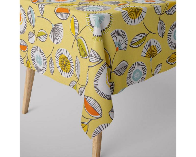 SCHÖNER LEBEN. Tischdecke SCHÖNER LEBEN. Tischdecke Sundance Blumen hellgrün braun orange aqua, handmade von SCHÖNER LEBEN.