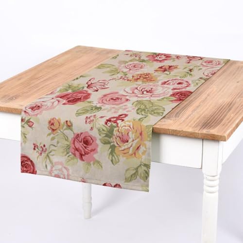 SCHÖNER LEBEN. Tischläufer Blumen Rosen beige grün rot von SCHÖNER LEBEN.