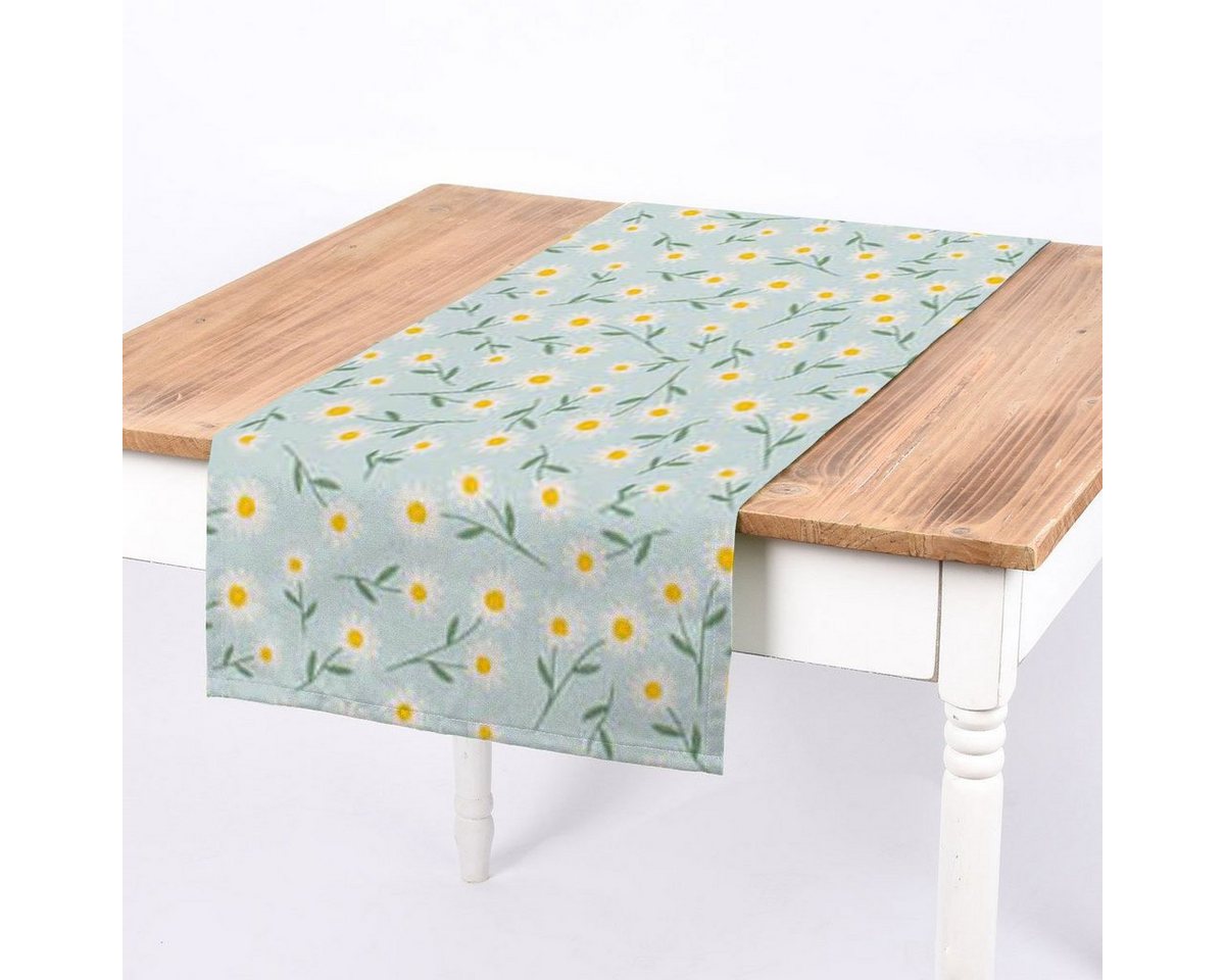 SCHÖNER LEBEN. Tischläufer SCHÖNER LEBEN. Tischläufer Gänseblümchen hellblau oder natur weiß, handmade von SCHÖNER LEBEN.