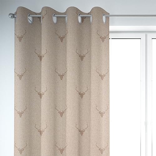 SCHÖNER LEBEN. Vorhang Jacquard Hirschkopf mit Geweih beige Hellbraun, Gardinen Aufhängung:Ösen von SCHÖNER LEBEN.