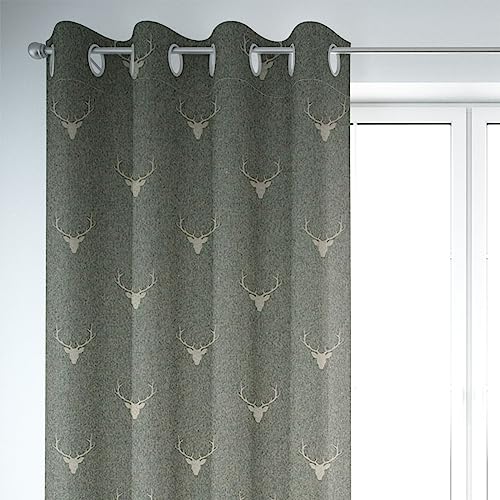 SCHÖNER LEBEN. Vorhang Jacquard Hirschkopf mit Geweih grün beige, Gardinen Aufhängung:Ösen von SCHÖNER LEBEN.