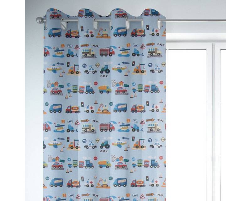SCHÖNER LEBEN. Vorhang SCHÖNER LEBEN. Vorhang Bagger Krankenwagen Auto Zug hellblau bunt 245c, Ösen, blickdicht, Baumwolle, handmade von SCHÖNER LEBEN.