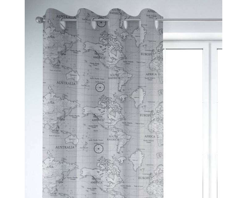 SCHÖNER LEBEN. Vorhang SCHÖNER LEBEN. Vorhang Fryett`s Weltkarte grau 245cm oder Wunschlänge, Ösen, blickdicht, Baumwolle, handmade von SCHÖNER LEBEN.