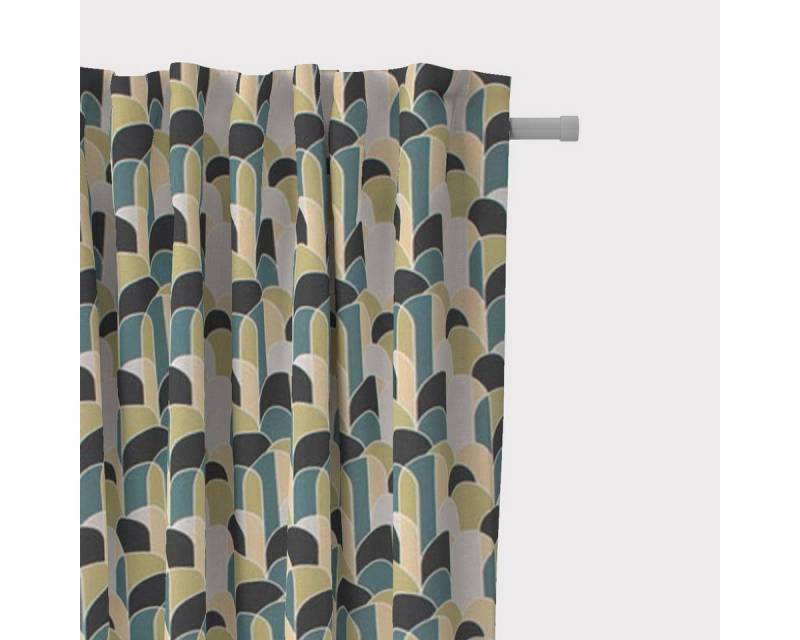 SCHÖNER LEBEN. Vorhang SCHÖNER LEBEN. Vorhang Retroformen Geometrie grün petrol schwarz 245c, Smokband, blickdicht, Baumwolle, Digitaldruck von SCHÖNER LEBEN.