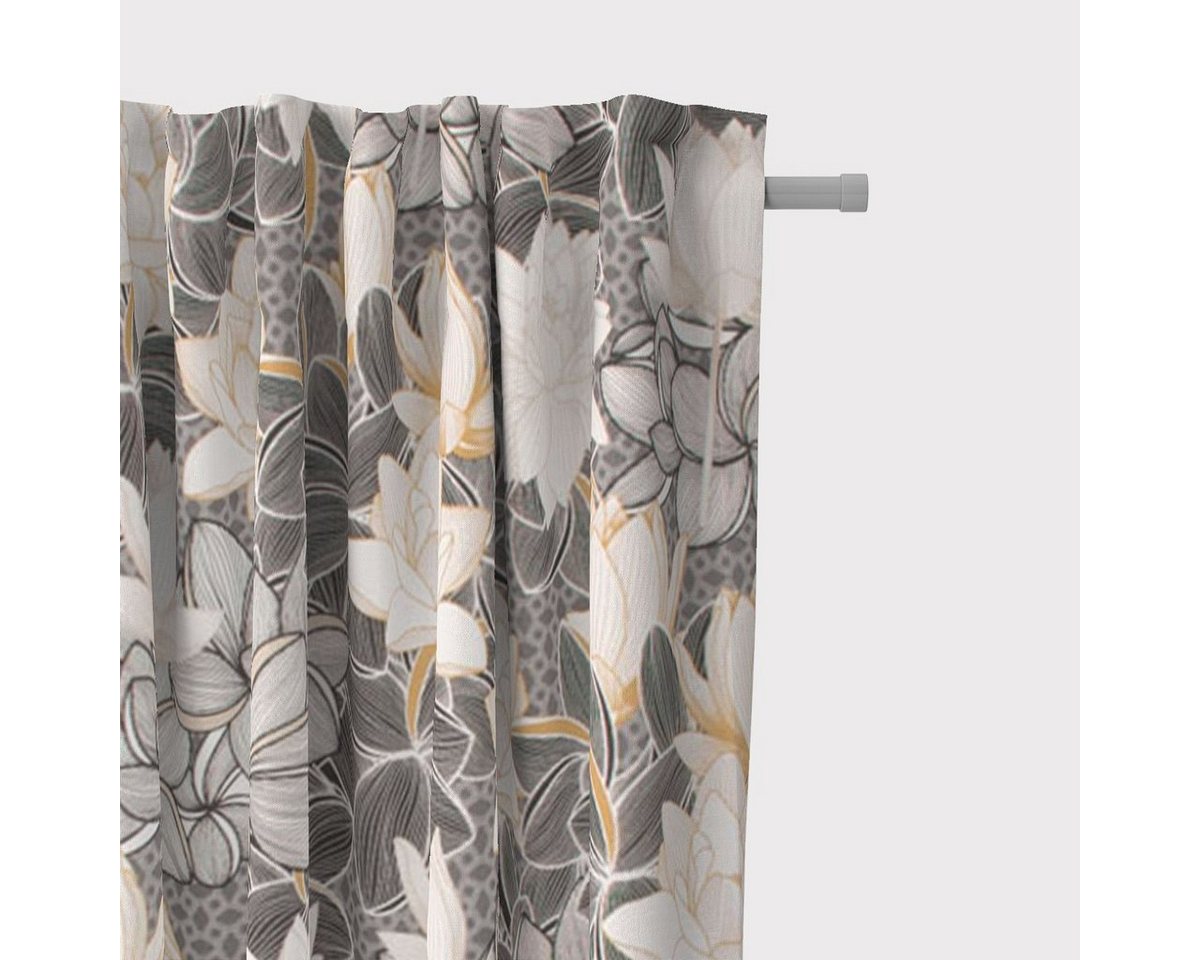 SCHÖNER LEBEN. Vorhang SCHÖNER LEBEN. Vorhang Satin Lotus Blüten grau weiß ocker 245cm, Smokband, blickdicht, Baumwolle, handmade SCHÖNER LEBEN. Vorhang SCHÖNER LEBEN. Vorhang Satin Lotus Blüten grau weiß ocker 245cm, Smokband, blickdicht, Baumwolle, handmade von SCHÖNER LEBEN.