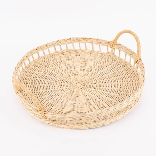 Sass & Belle Deko Tablett Rattan mit Griffen rund Natur 39x36x5,5cm von SCHÖNER LEBEN.