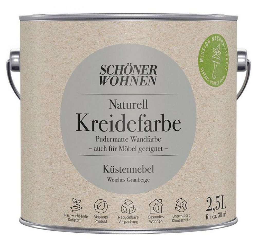 SCHÖNER WOHNEN FARBE Wandfarbe Schöner Wohnen Naturell Kreidefarbe 2,5 Ltr. Küstennebel weiches Gra von SCHÖNER WOHNEN FARBE