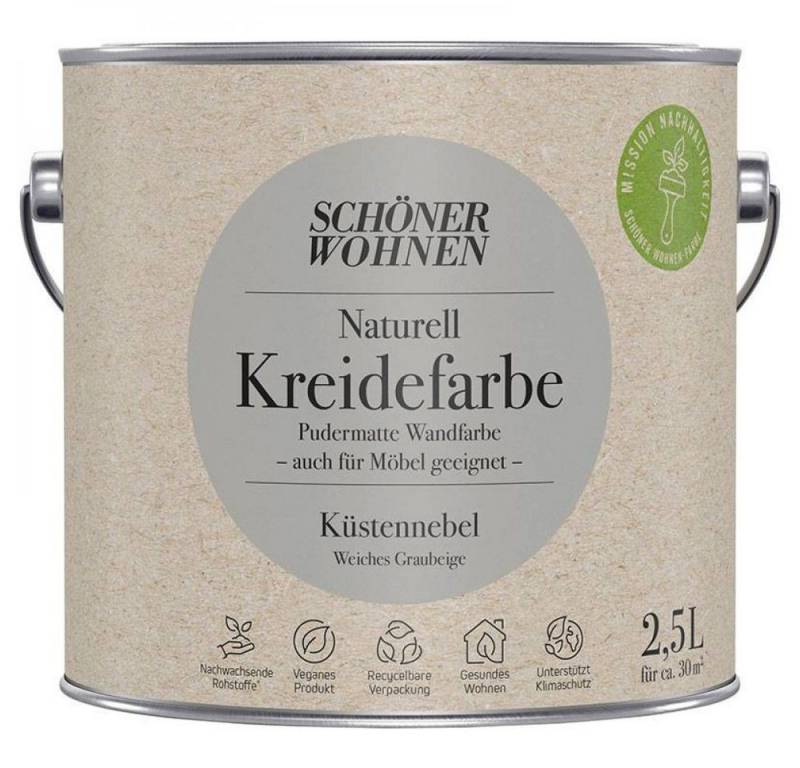 SCHÖNER WOHNEN FARBE Wandfarbe Schöner Wohnen Naturell Kreidefarbe 2,5 Ltr. Küstennebel weiches Gra von SCHÖNER WOHNEN FARBE
