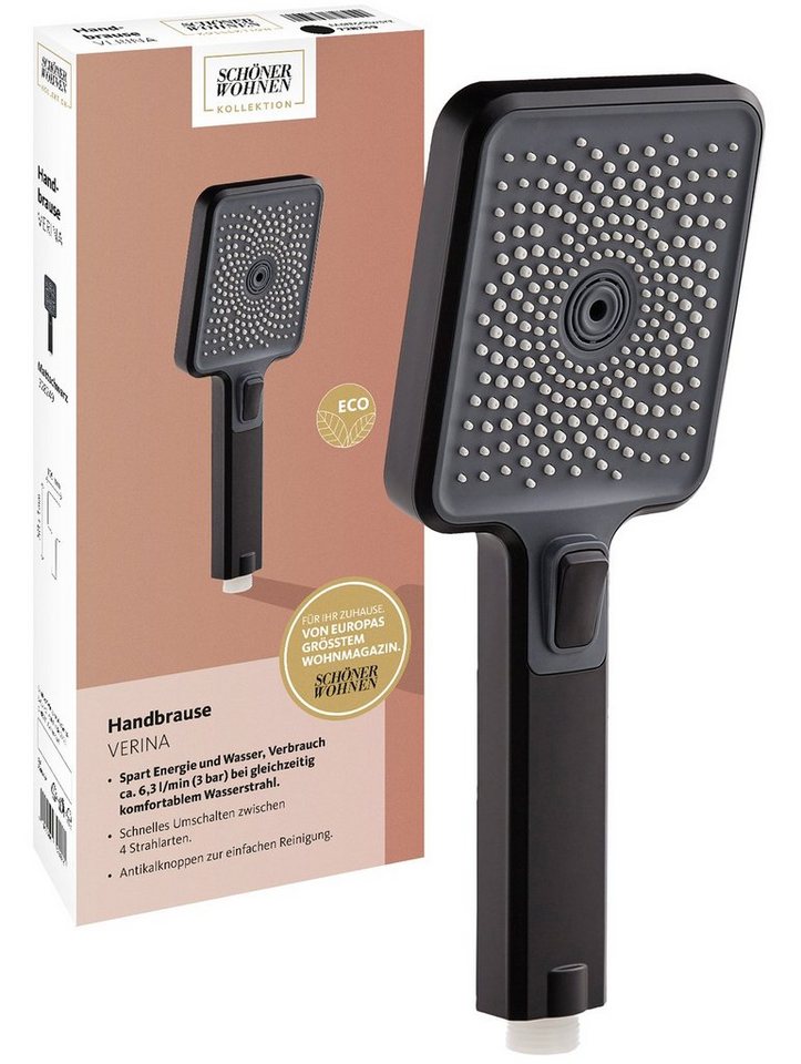 SCHÖNER WOHNEN-Kollektion Handbrause Verina, eckig, 10,5 cm, 3-strahlig, wassersparend, Anti-Kalk, Mattschwarz von SCHÖNER WOHNEN-Kollektion