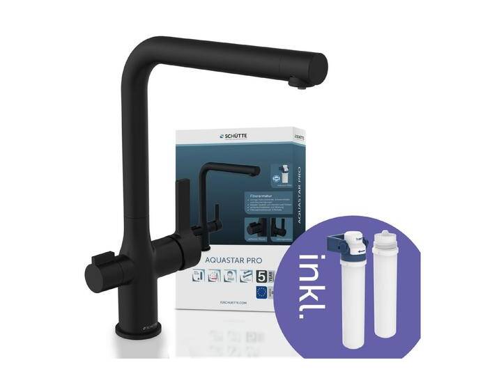 Schütte Spültischarmatur AQUASTAR PRO mit Filtersystem für Trinkwasser, praktische Cold-Start-Funktion, schwarz, schwarz matt von SCHÜTTE