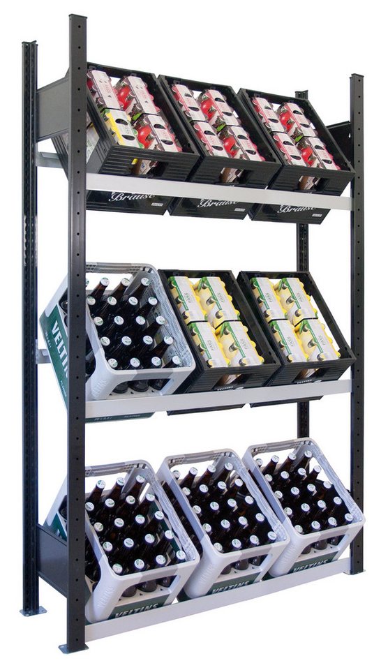 SCHULTE Lagertechnik Steckregal Grundregal, Getränkekistenregal 1800 x 1000 x 300 mm, schwarz/silber, 3 Ebenen á 60kg Fachlast für 9 Getränkekisten von SCHULTE Lagertechnik