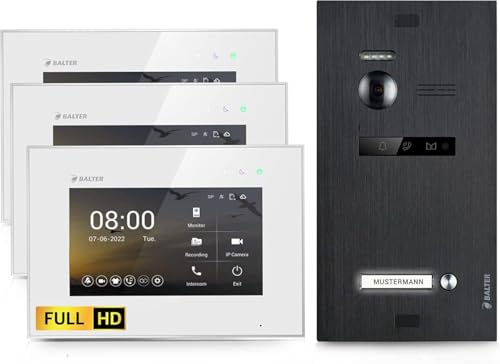 SCHUTZER Balter EVO HD Video Türklingel mit Kamera, 2 Draht Türsprechanlage 1 Familienhaus, 3x7 Zoll Monitore, Full HD, Nachtsicht, Video Gegensprechanlage mit Türöffner, Kamera für Haustür von SCHUTZER