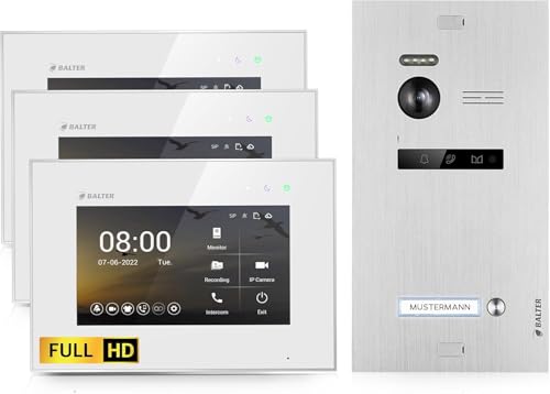 SCHUTZER Balter EVO HD Video Türklingel mit Kamera, 2 Draht Türsprechanlage 1 Familienhaus, 3X 7 Zoll Monitor, Full HD, Nachtsicht, Video Gegensprechanlage mit Türöffner, Kamera für Haustür von SCHUTZER