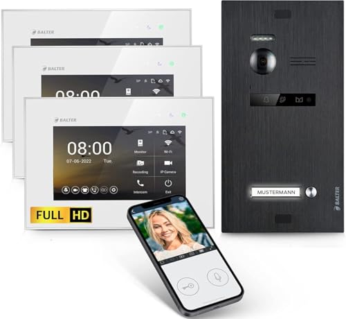SCHUTZER Balter EVO-HD Video-Türsprechanlage für 1 Familienhaus, 7" Touchscreen Monitor 175° Weitwinkelkamera, Nachtsicht, 2-Draht-Technologie (Weiß/Schwarz mit Wi-Fi, 3 Monitor) von SCHUTZER