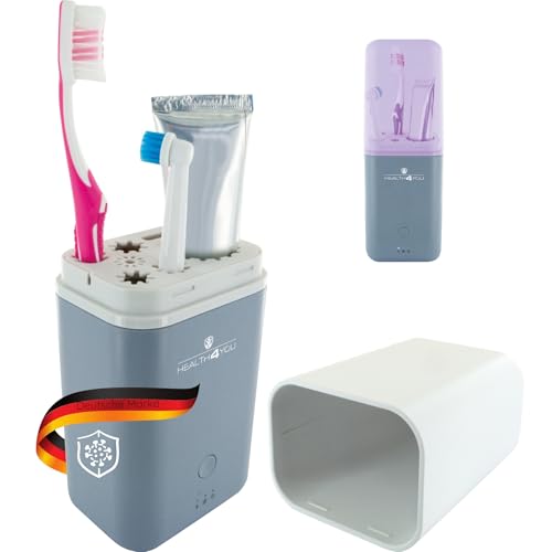 SCHWAIGER 662047 UV-Sterilisator Zahnbürstenhalter Zahnputzbecher Zahnbürsten-Reiseetui UVC-Licht Zahnbürstentrockner Desinfektion Miniventilator grau/weiß von SCHWAIGER