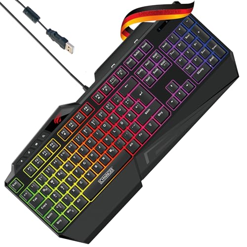 SCHWAIGER GT108 Gaming Tastatur PC Computer-Keyboard RGB Beleuchtung Anti-Ghosting-Tasten QWERTZ Smartphonehalter Handballenablage Multi-Media-Bedienelement Regenbogenfarben von SCHWAIGER