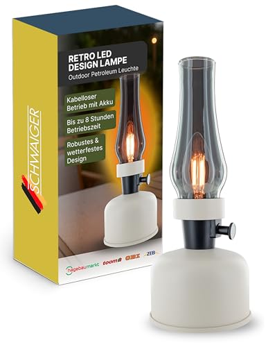 SCHWAIGER Retro LED Lampe im Petroleum Look I Kabellose Tischleuchte mit 2x 2000 mAh Akku I LED Leuchtmittel im Vintage Design mit Dimmer I 8h Leuchtdauer für Garten, Terrasse, Camping & Outdoor von SCHWAIGER
