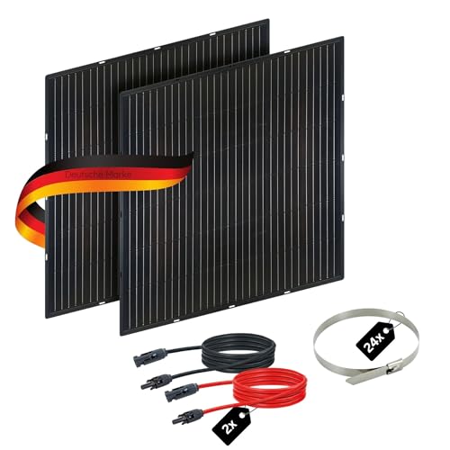SCHWAIGER Solarmodul Glas Slim-Line 2er Set 400Wp dünnes Solarpanel Balkonkraftwerk Schmal Flach Schlank Rahmenlos leicht Photovoltaik Monokristallin Solarverlängerungskabel Edelstahlkabelbinder von SCHWAIGER
