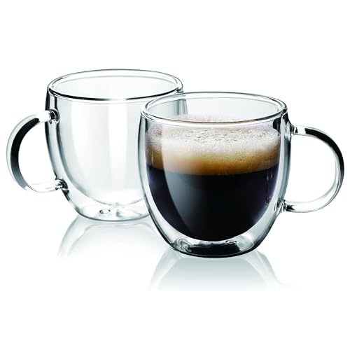 SCJHMY Doppelmauerte Glas Kaffeetassen, 150 ml Set von 2 isolierten Glas Kaffeetassen mit Griff, klare Kaffeetassen für Cappuccino, Espresso, Latte, Tee, hitzebeständige Brille zum Trinken (150ml) von SCJHMY