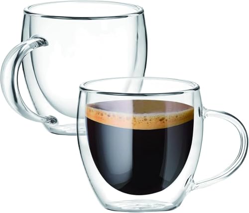 SCJHMY Doppelmauerte Glas Kaffeetassen, 250 ml Set von 2 isolierten Glas Kaffeetassen mit Griff, klare Kaffeetassen für Cappuccino, Espresso, Latte, Tee, hitzebeständige Brille zum Trinken (250ml) von SCJHMY