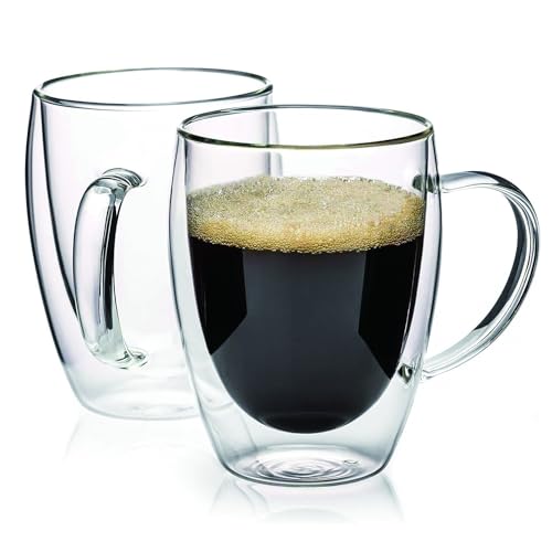 SCJHMY Doppelmauerte Glas Kaffeetassen, 350 ml Set von 2 isolierten Glas Kaffeetassen mit Griff, klare Kaffeetassen für Cappuccino, Espresso, Latte, Tee, hitzebeständige Brille zum Trinken von SCJHMY