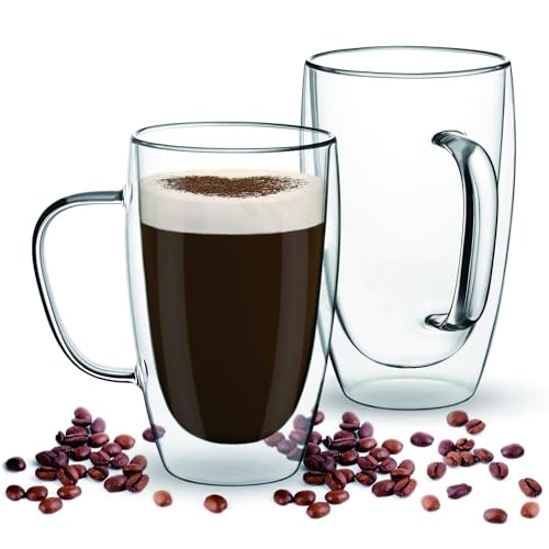 SCJHMY Doppelmauerte Glas Kaffeetassen, 450 ml Set von 2 isolierten Glas Kaffeetassen mit Griff, klare Kaffeetassen für Cappuccino, Espresso, Latte, Tee, hitzebeständige Brille zum Trinken (450ml) von SCJHMY