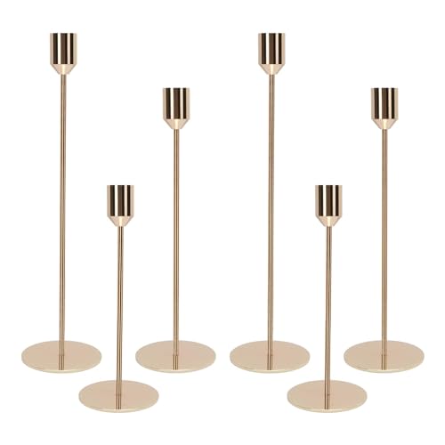 SCLLNDA 6 Set Kerzenständer Gold 34/28/24cm Metall Kerzenhalter Stabkerze Kerzenhalter Gold Hoch Kerze Stand Vintage Kerzenständer für Party Hochzeitstisch Abendessen Kerzenhalte Vintage Deko von SCLLNDA