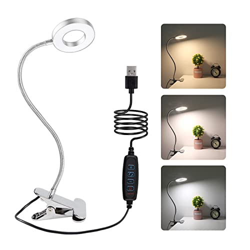 8W LED Schreibtischlampe Klemmleuchte mit USB Kabel mit Schalter, 3 Farbmodi und 10 Helligkeitsstufen, 360°Schwanenhals, für Leselampe, Bettlampe, Schminklampe, Silber (Adapter Nicht Enthalten) von SCNNC