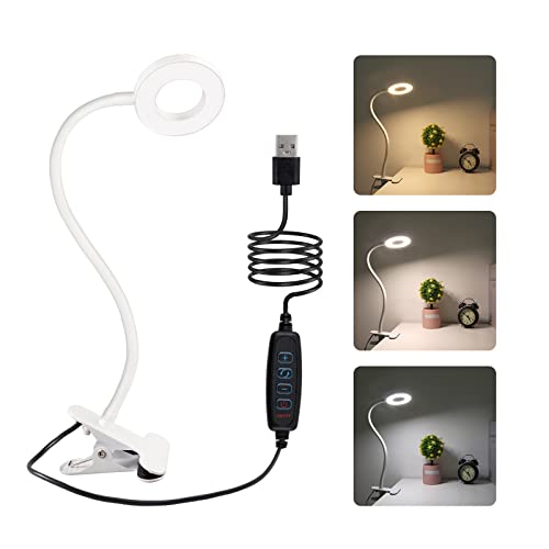 SCNNC 8W LED Schreibtischlampe Klemmleuchte mit USB Kabel mit Schalter, 3 Farbmodi und 10 Helligkeitsstufen, 360°Schwanenhals, für Leselampe, Bettlampe, Schminklampe, Weiß (Adapter Nicht Enthalten) von SCNNC