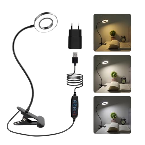 SCNNC 8W USB LED Klemmleuchte Bett mit Stecker und Kabel, 3 Farbtemperatur 10 Dimmstufen, Flexibel Schwanenhals Bettlampe Klemmleuchte, Klemmlampe für Leselampe, Bettlampe, Schminklampe, Schwarz von SCNNC