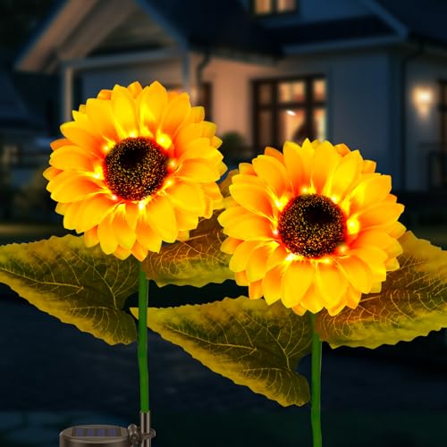 SCNNC Solar Lichter Garten Sonnenblumen für Außen LED Blumen Wasserdicht, LED Solar Sonnenblume für Garten Deko Balkon Rasen Gräber Terrasse Hof Gehweg, 2 Stück von SCNNC