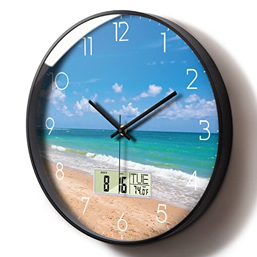 Moderne LCD-Wanduhren, Ozeanwelle, Meer, Strand, leise, digitale Wanduhr, großes Display, nicht tickend, Küche, geräuschlose Uhr mit Tag und Datum, Temperatur für ältere Menschen, Badezimmer, 30.5 cm von SCOAGE