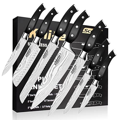 SCOLE® Messerset, Ultra Scharfes Küchenmesser Set 7-teilig, Japanisches Deutsch 1.4116 Edelstahl Messer Set Profi Chefmesser Set mit Ergonomisches Griff mit Geschenkbox von SCOLE