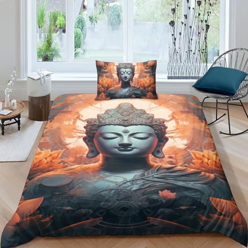 Buddha Bettwäsche 3 Teilig Bettwäsche Set Mit Reißverschluss Bettbezug Und Kissenbezug Für Erwachsene Teenager Kinder Single（135x200cm） von SCOOVY