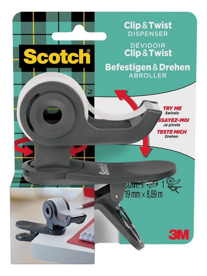 SCOTCH Klebeband Scotch Handabroller Clip & Twist, dunkelgrau, bestückt von SCOTCH