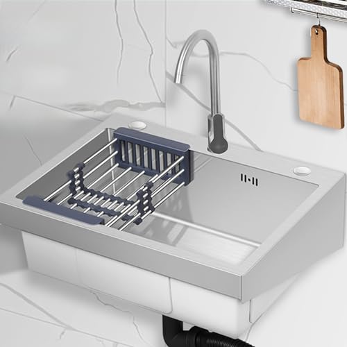 Edelstahl Spülbecken Handwaschbecken Wandmontage Ausgussbecken mit heißem und kaltem Wasserhahn Kommerziell Einzelbecken Waschbecken, für Waschküche Badezimmer Küche von SCREENKART