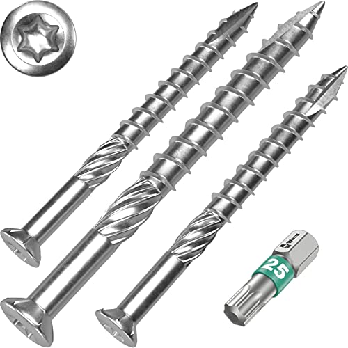 Terrassenschrauben 5 x 70 T-INOX - 100 Stück Edelstahl gehärtet C1, Torx 25 inkl. Edelstahl Bit - AISI 410 martensitisch von SCREW REBEL