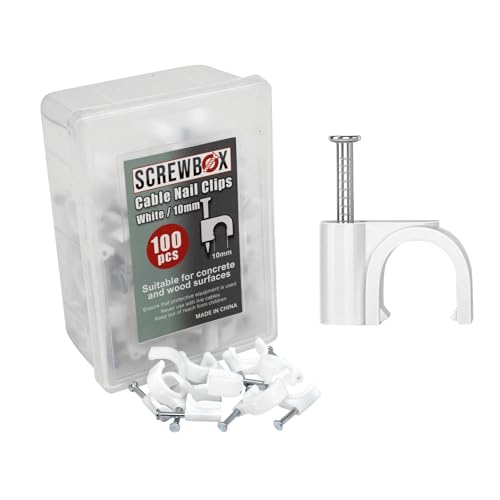 SCREWBOX Kabelnagel-Clips, 10 mm, 100 Stück, Nagelklammern, starke haltbare, weiße runde Kabelklammern, Wanddraht, Ordnungshalter, Stifte, für Holz, Beton, Gipskarton von SCREWBOX