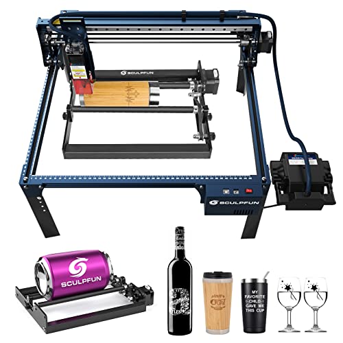 SCULPFUN S30 PRO Laser Graviermaschine with Laser-Rotationswalze & Automatisch Kontrolle Air Assist,0.005mm Präzision, 10W Ausgangsleistung Laser Gravieren Schneiden für Holz, Metall, Glas, Acryl von SCULPFUN