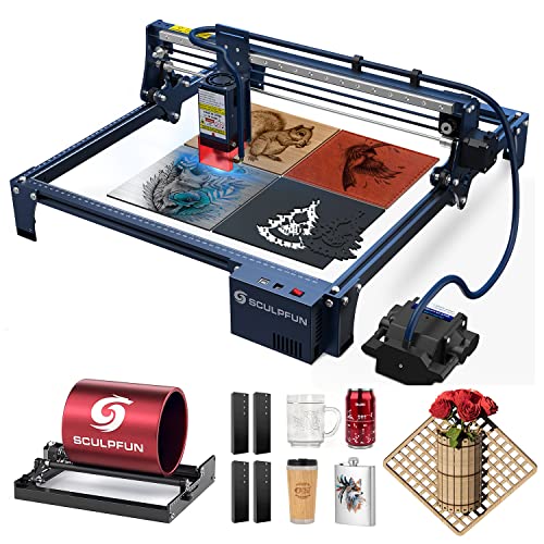 SCULPFUN S30 Pro Max Lasergravurmaschine mit Laserdrehwalze und automatischer Air Assist, 20W optische Leistung, CNC-Lasergravierer und Laserschneider, hohe Präzision für Holz, Metall, Glas, Acryl von SCULPFUN