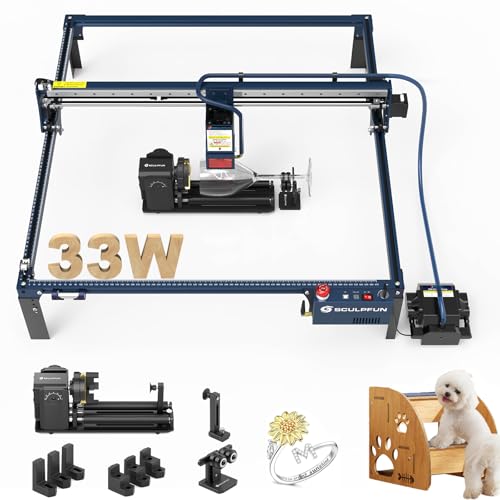 SCULPFUN S30 Ultra 33W Laser Gravurmaschine Großem Automatischem Luftassist Gravurbereich Notausschalter, 42-Schritt-Motoren,Schutzbrille mit RA Pro Max 4 in 1 360°Laserrollen von SCULPFUN