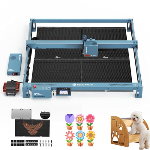 SCULPFUN S70 Maximale Leistung 70W Lasergravierer 36000 mm/min Graviergeschwindigkeit 50L/min Automatischer luftunterstützter Z-Achsen-Autofokus 830x800mm Gravierbereich mit Wabenplatte von SCULPFUN