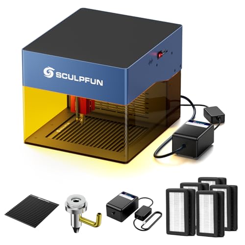 SCULPFUN iCube PRO MAX Lasergravurmaschine 10W mit Luftpumpe, Waben Arbeitstisch und Original Filterwatte 5 Stück, Tragbare Laser Graviermaschine 0,05 mm Gravurgenauigkeit mit Rauchfilter von SCULPFUN