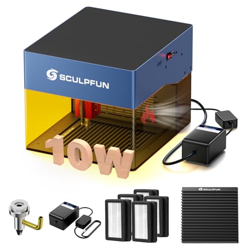 SCULPFUN iCube Pro Max 10W Tragbarer Laser Graviermaschine mit Wabenplatte Luftpumpenset Filter Schaumstoff Combo Offline-Gravur Lasergravierer Rauchfilter für Papier Holz Kunststoff von SCULPFUN