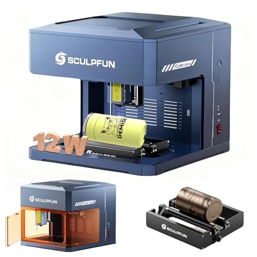 SCULPFUN iCube Ultra 12W Desktop Tragbar Laser gravurmaschine mit RA mini Rotierende Laserwalze vollständig geschlossene 150 x 150 mm Arbeitsbereich mit Rauchfilter von SCULPFUN