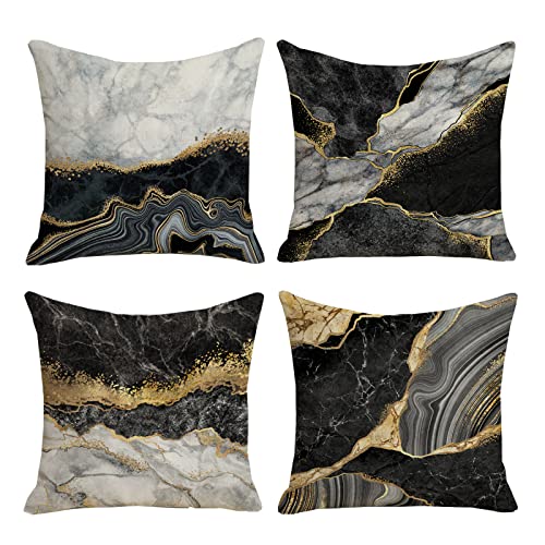 SCVBLJS Schwarz und Gold Kissenbezug-Set, quadratisch, Marmor-Kissenbezug, gestreift, Blumenmuster, für Wohnzimmer, Sofa, Couch, Bett, Schlafzimmer, Heimdekoration, Garten, Couch, Kissenbezug, 45 x 45 cm, 4 Stück von SCVBLJS