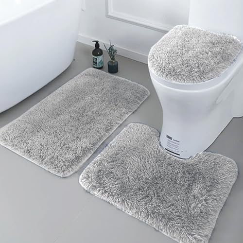 SCVBLJS Weiche Mikrofaser-Badezimmerteppich-Set, 3-teilig, rutschfeste Badezimmerteppiche mit PVC-Punkt-Flanell-Rückseite, Badematte + WC-Vorleger + WC-Sitzbezug, einfarbig hellgrau von SCVBLJS