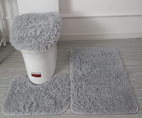 SCVBLJS Weiche Mikrofaser-Badezimmerteppich-Set, 3-teilig, rutschfeste Badezimmerteppiche mit PVC-Punkt-Flanell-Rückseite, Badematte + WC-Vorleger + WC-Sitzbezug, einfarbig hellgrau von SCVBLJS